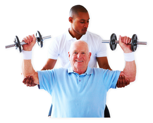 gym instructor assiting senior man doing an exercise